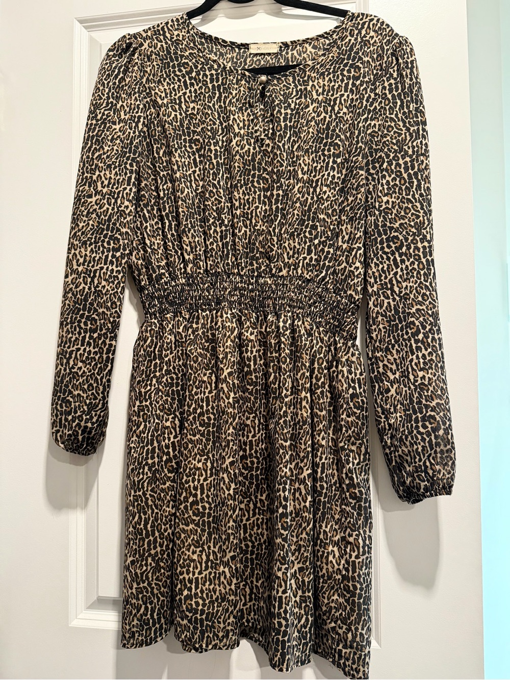 Everly boutique Leopard Print Long Sleeve Smocked Waist Dress - Beige/Black